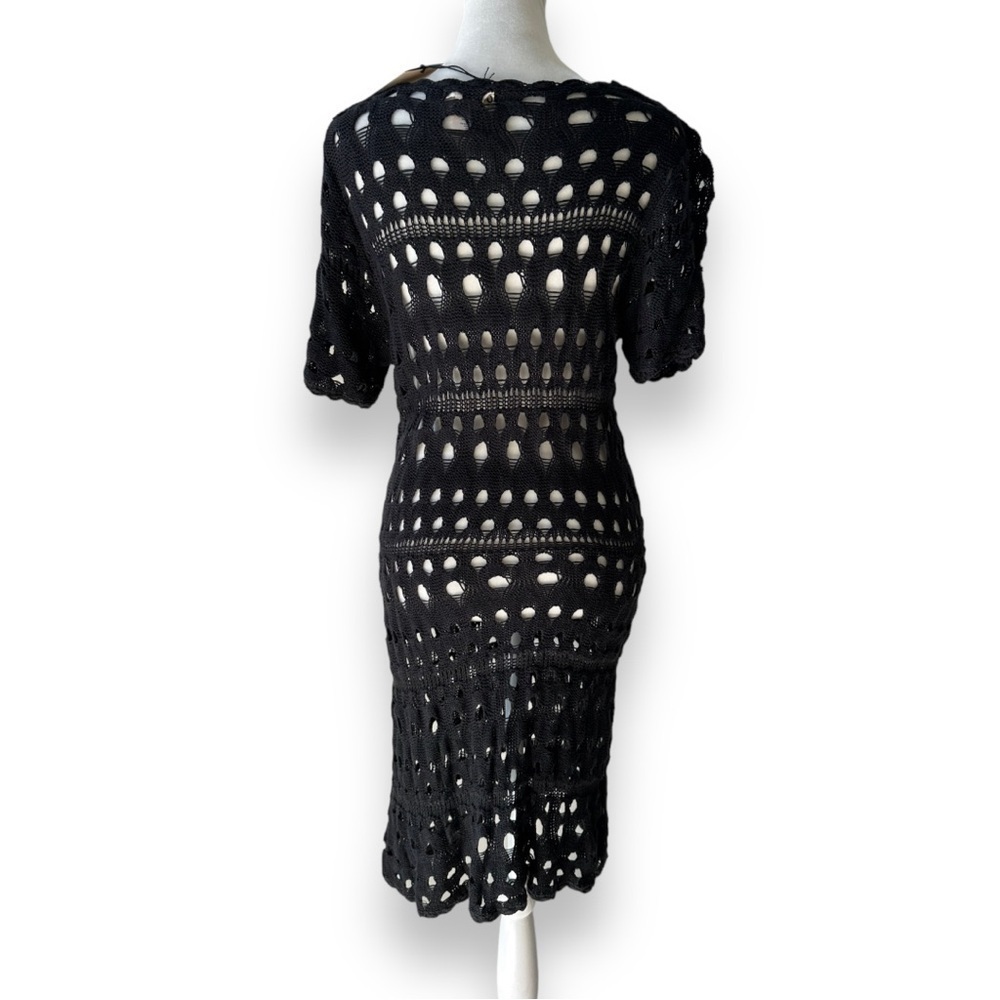 New Kial Black Crochet Knit Short Sleeve Midi Dress or Swim Cover | Large - Picture 7 of 12